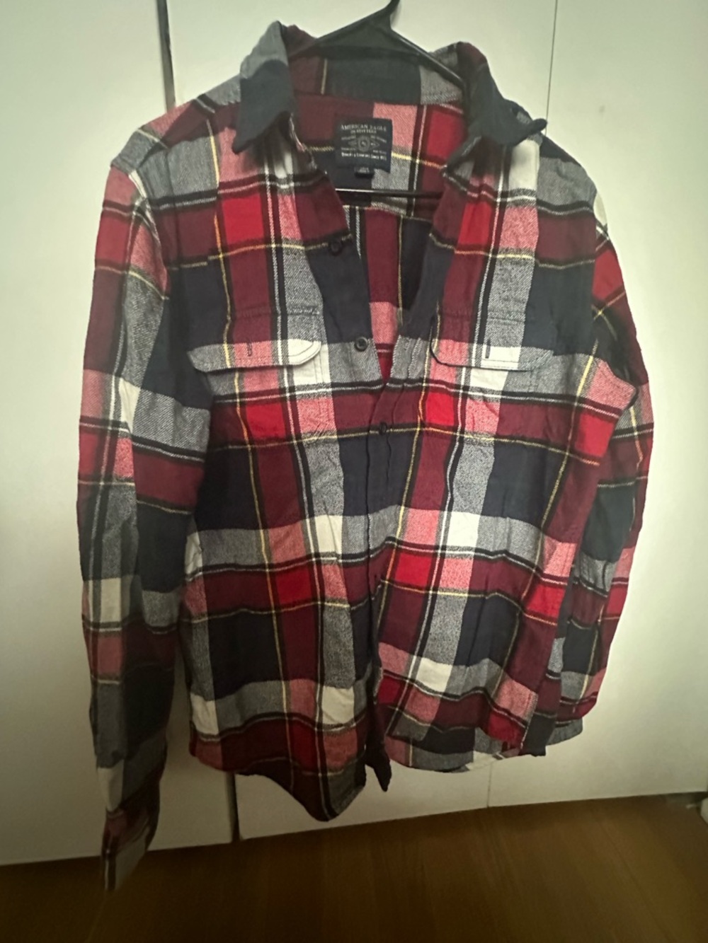 American Eagle Outfitters Red and Navy Plaid Flannel Shirt with Yellow Accent